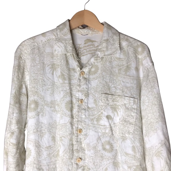 Tommy Bahama Linen Shirt Long Sleeve Button Up Paisley Floral Cream Gold Large - Picture 2 of 11